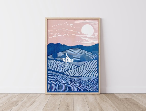 Linocut Print, Lino Print, Linocut Art, Farm Print, Linocut Fields, Linocut House, Landscape Print, Pink and Blue Print, Linocut Landscape