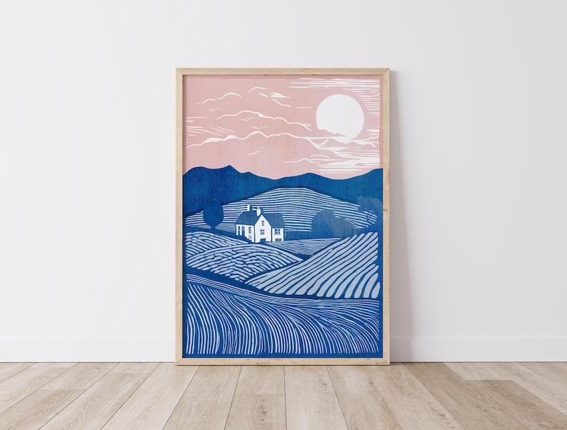 Grabado en linóleo, Arte en linóleo, Impresión de granja, Campos en linóleo, Casa en linóleo, Impresión de paisaje, Impresión rosa y azul, Paisaje en linóleo imagen 1