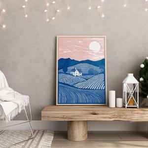 Grabado en linóleo, Arte en linóleo, Impresión de granja, Campos en linóleo, Casa en linóleo, Impresión de paisaje, Impresión rosa y azul, Paisaje en linóleo imagen 2