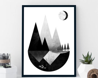 Mountains and Lake, Black and White, Nature Print, Scandi Wall Art, Forest, Lake, Home Decor, Geometric Print, Modern Wall Print, A5, A4, A3