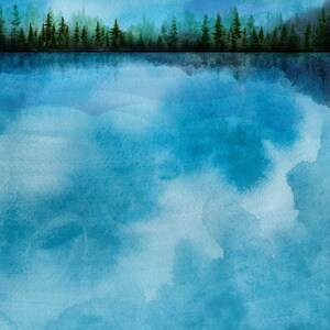 May include: A watercolor painting of a forest reflected in a still lake. The water is a light blue with white clouds, and the forest is a dark green.