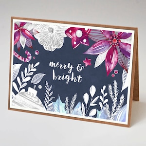 Merry and Bright Card 7x5&quot;, Christmas Card, Flowers, Baubles