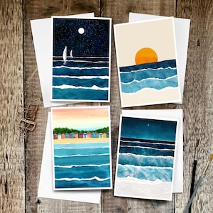 Lot de 4 cartes vagues, vagues de plage, carte de natation en mer, carte océan, carte océan vierge, carte de voeux océan, carte d'aventure, eau libre