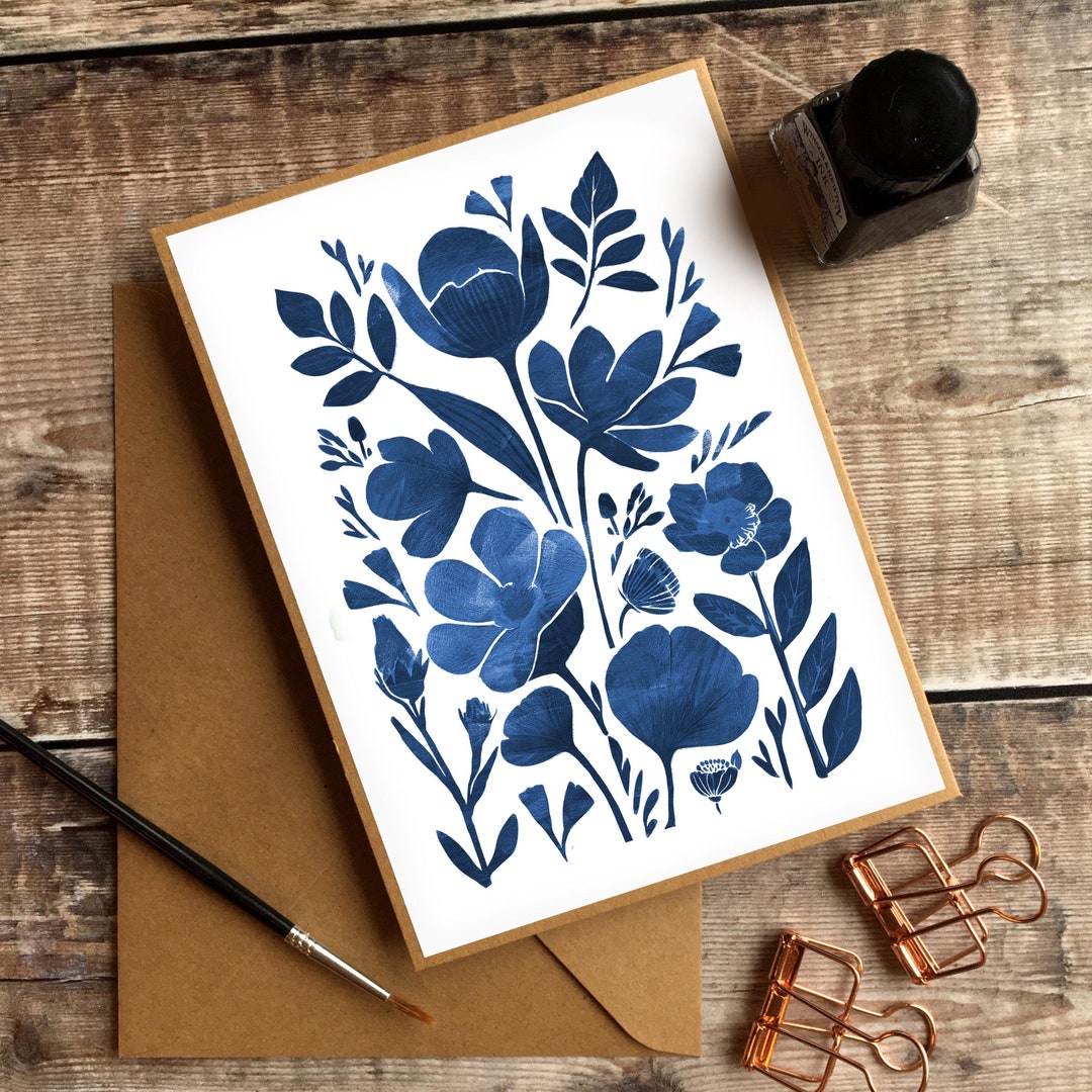 Linocut Print Card, Lino Print Card, Floral Card, Flowers Card, Linocut ...