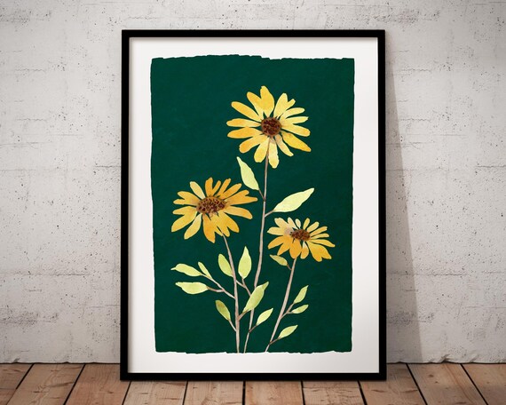 Yellow Flower Print, Yellow Wall Art, Flower Print, Botanical Print, Wall Art Print, Yellow Flower Wall Art, Minimalist Print, Yellow Teal