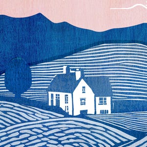 Grabado en linóleo, Arte en linóleo, Impresión de granja, Campos en linóleo, Casa en linóleo, Impresión de paisaje, Impresión rosa y azul, Paisaje en linóleo imagen 3