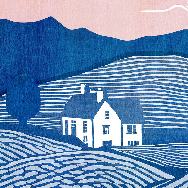 Grabado en linóleo, Arte en linóleo, Impresión de granja, Campos en linóleo, Casa en linóleo, Impresión de paisaje, Impresión rosa y azul, Paisaje en linóleo imagen 3