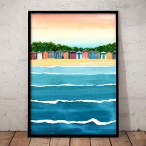 Impresión de cabaña de playa, impresión oceánica, cartel de cabaña de playa, antena de olas del océano, arte de la pared del océano, cartel del mar, impresión de agua, arte del océano, playa aérea