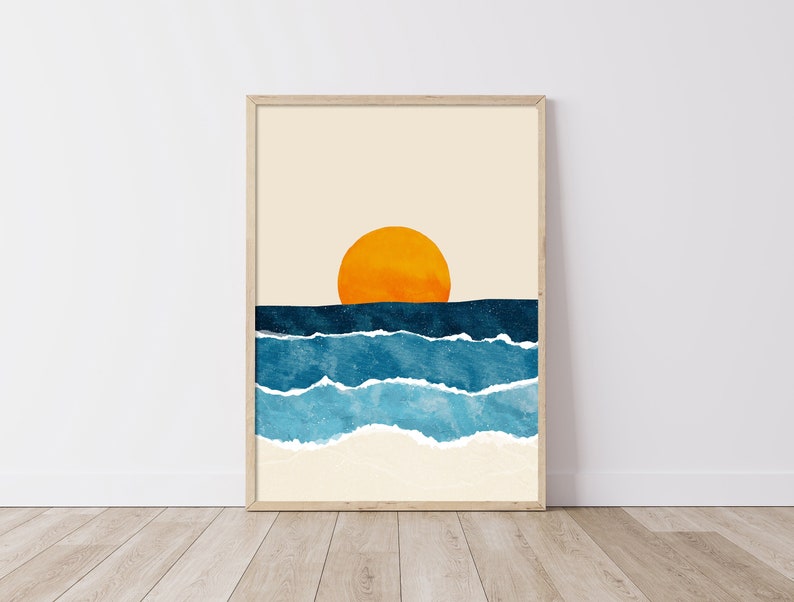 May include: Abstract watercolor painting of a sunset over the ocean. The sun is a bright orange circle, and the waves are blue and white.
