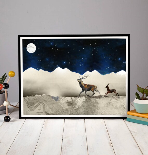 Nordic, Stag Star, Mountains, Decor, Etsy Print, - A4, Home Print, Scandi, Wall Mountains, Gift, Nursery A5, Art, Stag Art, Stag and Print, A3 Deer