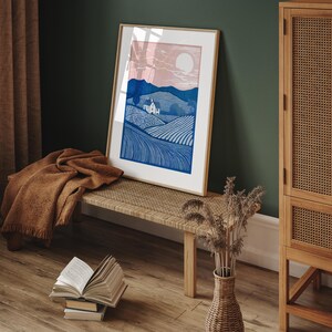 Grabado en linóleo, Arte en linóleo, Impresión de granja, Campos en linóleo, Casa en linóleo, Impresión de paisaje, Impresión rosa y azul, Paisaje en linóleo imagen 8