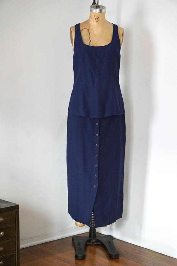 Animale Dark Blue Linen Tank and Skirt Outfit M