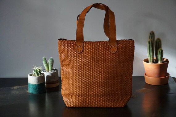 Cognac handwoven Leather Tote