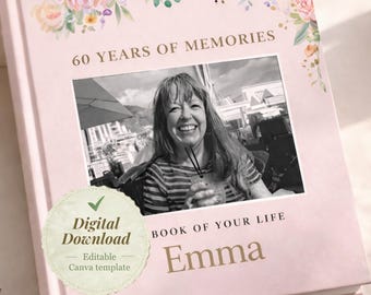 60e verjaardag levensverhaal geheugenboeksjabloon | Bewerkbaar Canva-fotoalbum (digitale download)