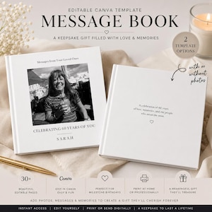 May include: Two white square message books with black text. One cover features a black and white photograph of a person, the text 'Messages from Your Loved Ones', 'CELEBRATING 60 YEARS OF YOU', and 'SARAH'. The other cover displays 'A celebration of 60 years of love, memories, and the people who mean the most.'
