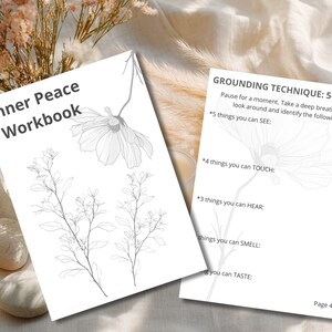 May include: Two white workbooks with floral illustrations and text. One reads "Inner Peace Workbook" and the other has a grounding technique guide. Dried flowers and stones are in the background.