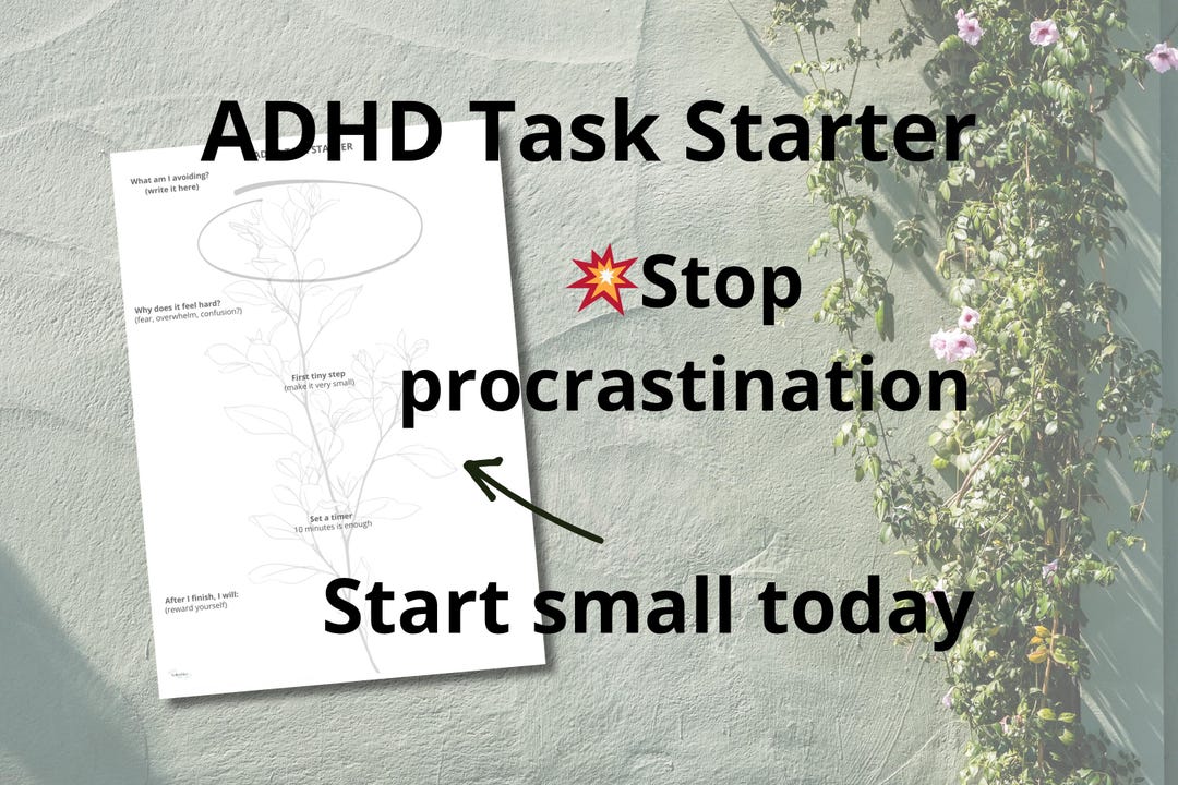 ADHD Task Starter Printable, Stop Procrastination, Therapist-informed ...