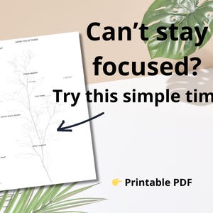 Könnte beinhalten: Ein weißes, druckbares PDF mit einem Fokus-Timer-Design. Der Text lautet: „Kannst du dich nicht konzentrieren? Probiere diesen einfachen Timer.“ Ein grünes Blatt und Palmfarnwedel befinden sich im Hintergrund. Der Timer soll bei der Konzentration helfen.