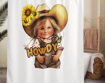 Cortina de baby shower con temática vaquera: sombrero de girasol, mariposa, abeja, gráfico de "Howdy"