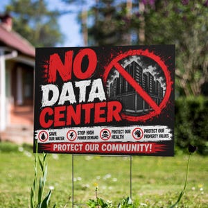 Peut inclure: Un panneau de jardin rectangulaire à fond noir avec le texte rouge et blanc NO DATA CENTER. Un cercle rouge barré recouvre l'image d'un bâtiment. Les icônes et textes incluent SAVE OUR WATER, STOP HIGH POWER DEMAND, PROTECT OUR HEALTH, PROTECT OUR PROPERTY VALUES et PROTECT OUR COMMUNITY!