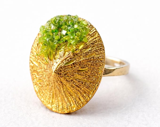 Anillo de peridoto,en plata con baño dorado,ajustable,regalo mujer,joya delicada