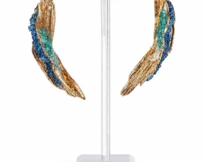 Pendiente largos artesanales ,plata y baño dorado,con un detalle de aguamarina y cuarza-Joyeria unica hecha a mano.