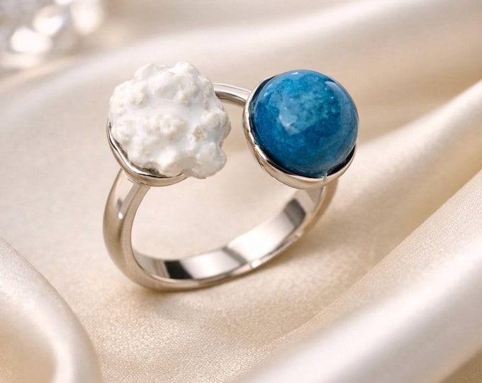 Handmade silver ring for women, adjustable - Handmade jewelry, elegant gift. Ceramic in the shape of a rhodolith, and blue quartz.
