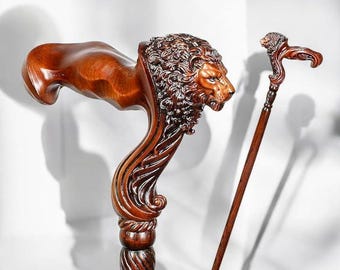 Hand Carved Mahogany Lion Head Walking Cane, Gentleman Wooden Walking Stick