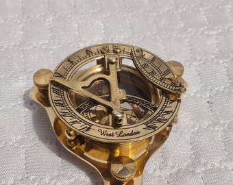 Brass Sundial Compass Antique Vintage Style – Golden Nautical Compass Gift, Maritime Decor, Pocket Compass, Desk Decor