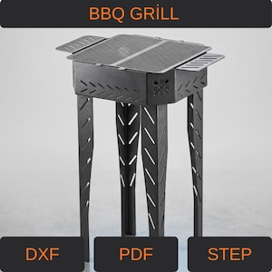 Könnte beinhalten: Ein schwarzer Metall-BBQ-Grill mit rechteckiger Kochfläche und abgewinkelten Beinen. Der Grill hat ein gitterartiges Design auf der Oberseite und der Text "BBQ GRILL" wird darüber angezeigt. Der Grill ist für das Kochen im Freien konzipiert.
