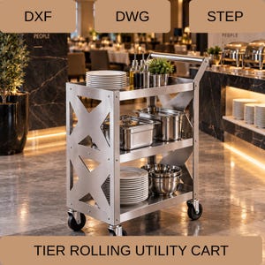 May include: A three-tier stainless steel rolling utility cart featuring X-shaped side panels and four swivel casters. The cart holds stacks of white plates, metal food containers, small glass bottles, and metal bowls on its shelves.