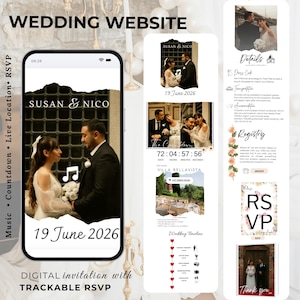 May include: A digital wedding invitation design with the text "WEDDING WEBSITE". The design includes photos of the couple, a countdown timer, and RSVP information. The invitation is for June 19, 2026.