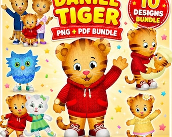 Daniel Tiger PNG PDF Bundle, 10 Designs, Birthday Party Decorations, Printable Cake Toppers, Kids Party Decor Instant Download