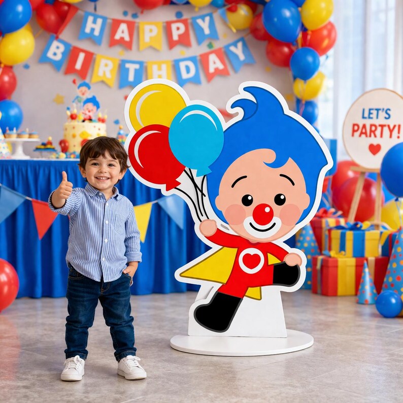 May include: A young child gives a thumbs-up in front of a birthday party backdrop. A large cartoon cutout of a character holding balloons stands nearby. The scene includes balloons, a cake, and a banner that reads "Happy Birthday."