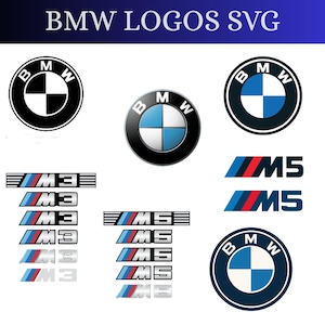 May include: A collection of BMW logos and emblems in various designs. The image includes the classic BMW roundel in black and white, blue and white, and a metallic finish. Also shown are M3 and M5 emblems with blue, red, and white stripes, and the text "BMW LOGOS SVG".