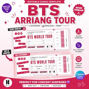以下が含まれることがあります： BTSワールドツアーのチケット用のピンクと白の編集可能なCanvaテンプレート。デザインには「BTS ARRIANG TOUR」と「BTS WORLD TOUR」のテキストが含まれており、会場、日付、時刻をカスタマイズできます。インスタントダウンロードと印刷用のアイコンが含まれています。