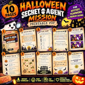 Puede incluir: Un conjunto de actividades de 10 páginas Halloween Secret Agent Mission en formato PDF imprimible. Las páginas incluyen un informe de misión, búsqueda de pistas, desafío de decodificación, habilidades de espía, acertijos y certificado.