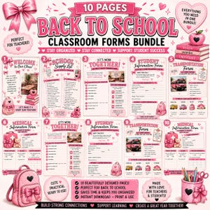 May include: A 10-page back-to-school classroom forms bundle featuring pink and white designs with heart and bow motifs. The pages include student information, transportation, and medical forms, school supply lists, and parent contact sheets.