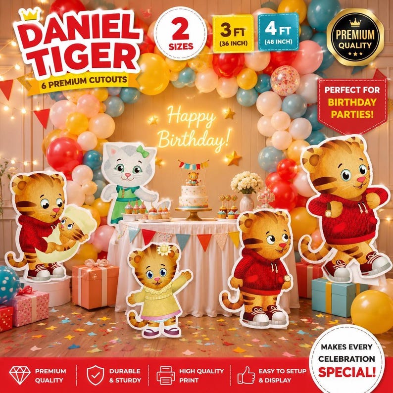 May include: A Daniel Tiger themed birthday party decoration set. Includes cutouts of Daniel Tiger and friends, balloons, a cake, and the text "Happy Birthday!". The set includes 2 sizes, 3 ft (36 inches) and 4 ft (48 inches).