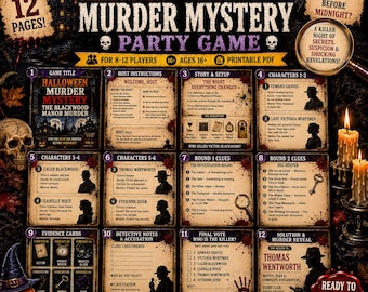 May include: A 12-page Halloween murder mystery party game printable PDF featuring a dark, gothic design with skulls, a jack-o'-lantern, and candles. The layout includes host instructions, character profiles, clues, evidence cards, and a final solution.