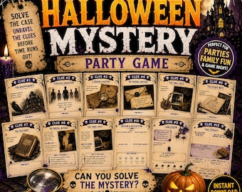 May include: A 12-page Halloween mystery party game set featuring twelve individual clue cards with gothic illustrations, skulls, and text. The game includes a magnifying glass and a carved pumpkin, all set against a dark, spooky background.