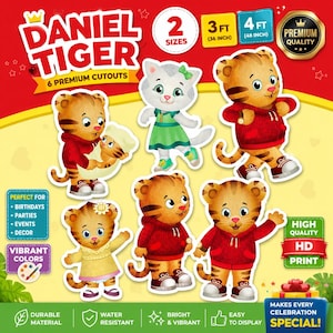 May include: Daniel Tiger cutout set featuring six characters in vibrant colors. Includes Daniel Tiger and friends in various outfits. The set is available in two sizes: 3 feet (36 inches) and 4 feet (48 inches).