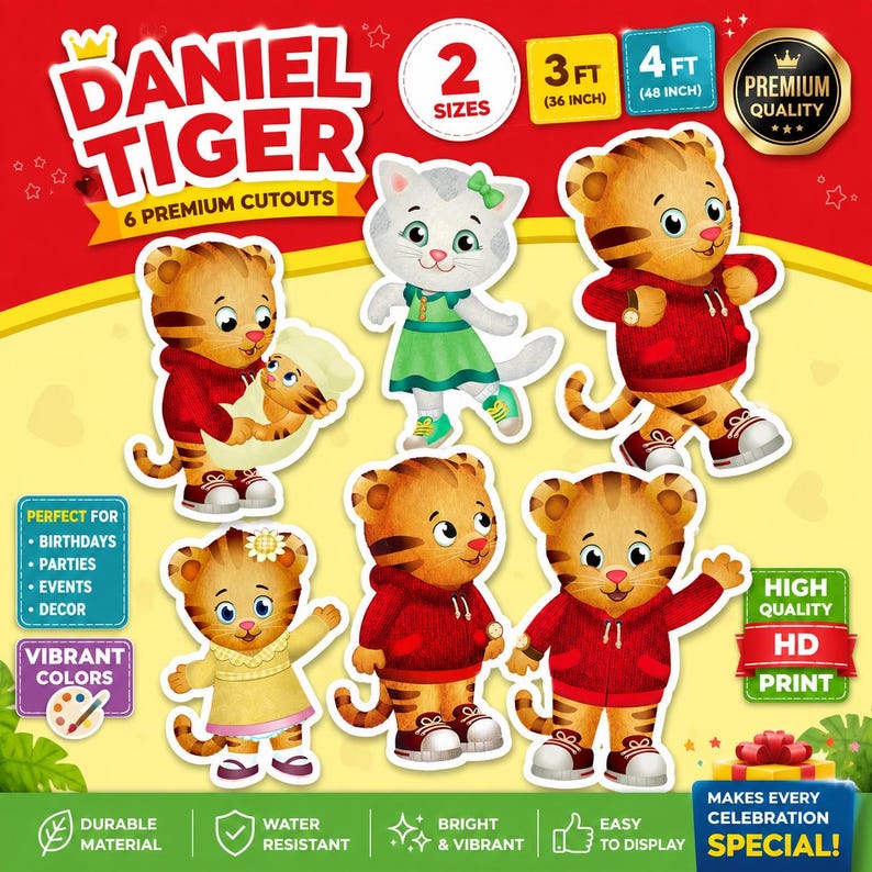 May include: Daniel Tiger cutout set featuring six characters in vibrant colors. Includes Daniel Tiger and friends in various outfits. The set is available in two sizes: 3 feet (36 inches) and 4 feet (48 inches).