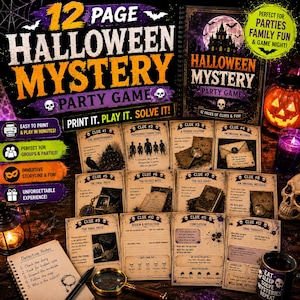 May include: A 12-page Halloween mystery party game kit featuring a spiral-bound booklet, twelve individual clue cards numbered one through twelve, and a detective notes pad. The game includes printed text, illustrations of a haunted house, skulls, and a magnifying glass.