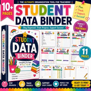 May include: A student data binder organization tool featuring a colorful cover with a pencil cup, apple, and stack of books. The set includes 10+ pages for tracking student information, academics, goals, self-reflection, progress, attendance, and behavior.