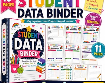 May include: A student data binder organization tool featuring a colorful cover with a pencil cup, apple, and stack of books. The set includes 10+ pages for tracking student information, academics, goals, self-reflection, progress, attendance, and behavior.