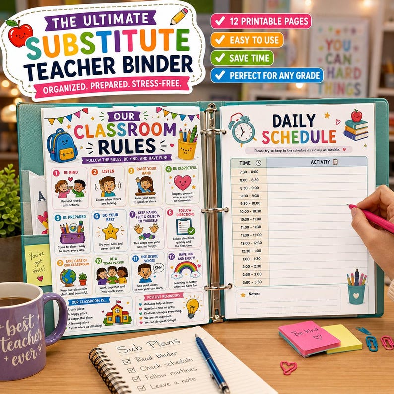May include: A teal three-ring binder containing printable pages for a substitute teacher. The left page displays classroom rules with colorful illustrations and text, while the right page features a daily schedule template with time slots.