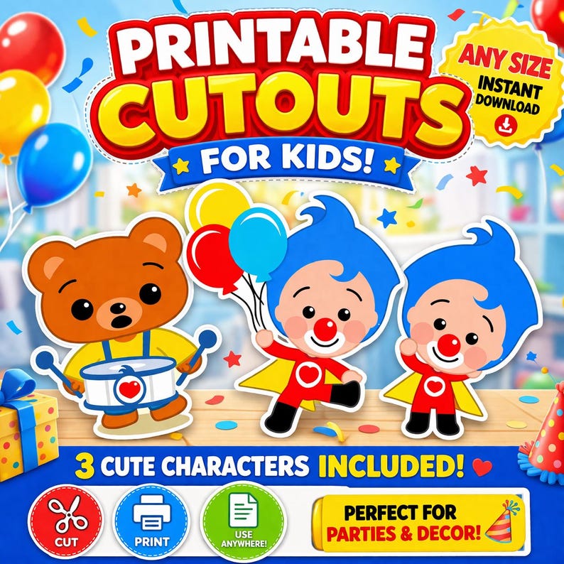 Plim Plim Party Standee Printable Cartoon Cutout Kids Birthday Decor Boy Party Decoration Instant Download Any Size Prop image 1