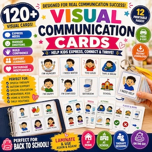 Puede incluir: Un conjunto de más de 120 tarjetas de comunicación visual con ilustraciones coloridas y texto para niños. Las tarjetas incluyen frases como I'm hungry, I need water y bathroom, organizadas en una carpeta y en una anilla metálica para su uso.