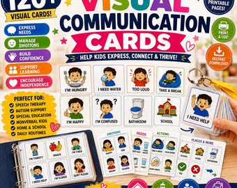 May include: A set of 120+ visual communication cards featuring colorful illustrations and text for children. The cards include phrases like I'm hungry, I need water, and bathroom, organized in a binder and on a metal ring for easy use and portability.